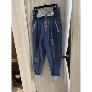 Traffic Vintage Lace Trim Fold Over Waist Barrel Leg Jeans Sz 11/12 Cuffed